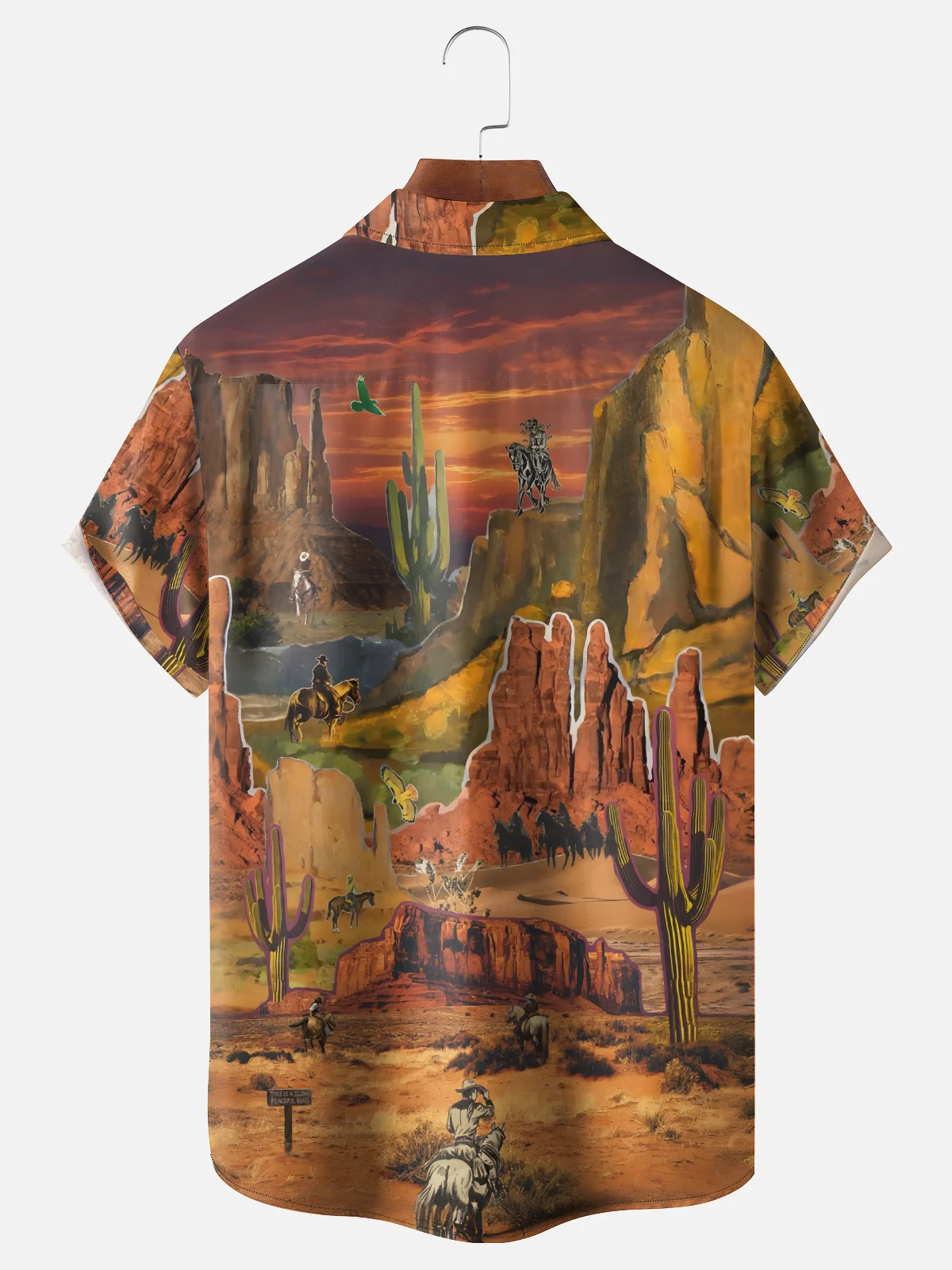 Moisture-Wicking Art Painting Horseback Riding Cowboy Hat Cactus Chest Pocket Hawaiian Shirt