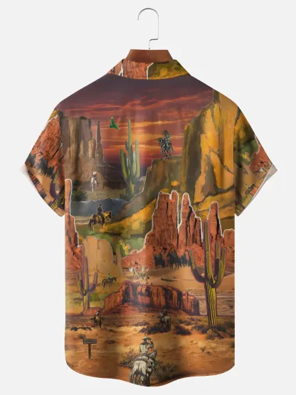 Moisture-Wicking Art Painting Horseback Riding Cowboy Hat Cactus Chest Pocket Hawaiian Shirt