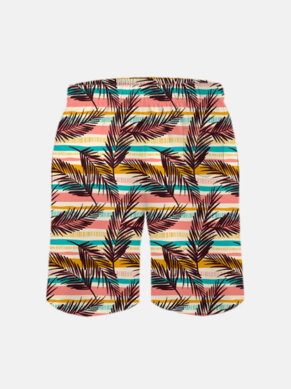 Men's Swim Trunks Hawaiian Tropical Leaves Striped Beach Shorts with Pockets