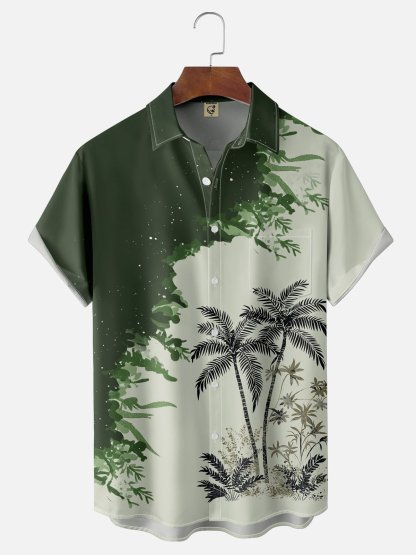 Moisture-wicking Tropical Palm Tree Chest Pocket Hawaiian Shirt