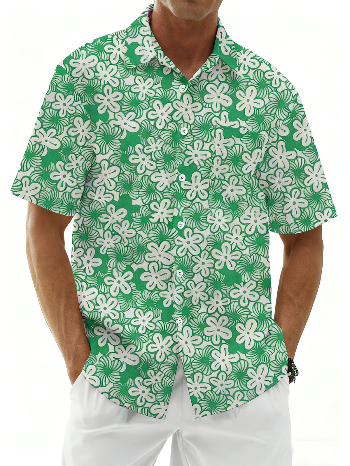 Linen Texture Plants Flowers Cherry Blossoms Chest Pocket Holiday Hawaiian Shirt