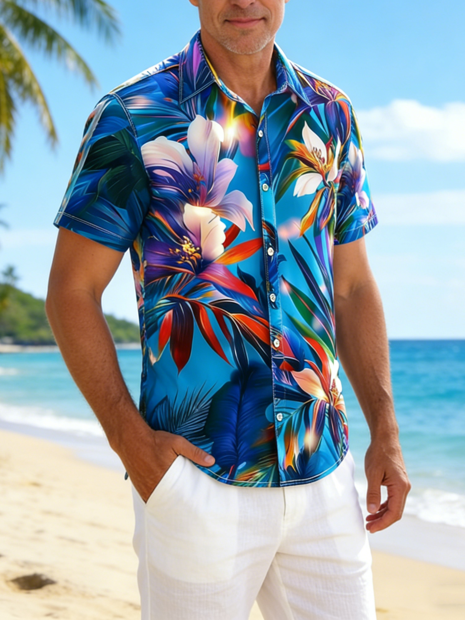 Moisture-wicking Tropical Palm Tree Chest Pocket Hawaiian Shirt