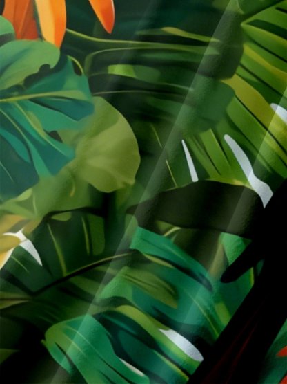 Moisture-wicking Tropical Palm Tree Toucan Parrots Chest Pocket Hawaiian Shirt