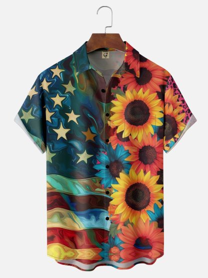 Moisture-wicking American Independence Day Memorial Day Sunflower Chest Pocket Casual Shirt