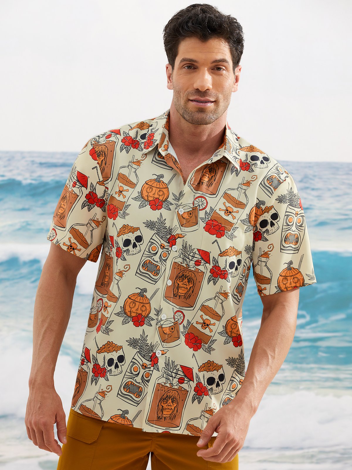 Men's Retro Drink TIKI Skull Print Casual Breathable Hawaiian Short Sleeve Shirt