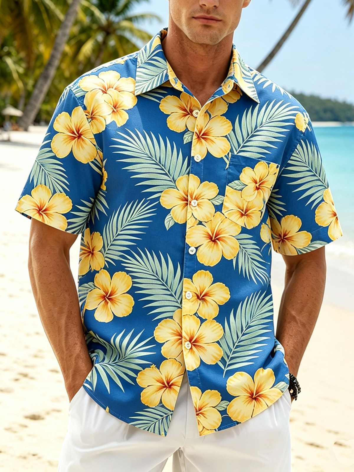 Linen-Texture  Botanical Floral Flamingo Print with Chest Pocket Holiday Hawaiian Shirt