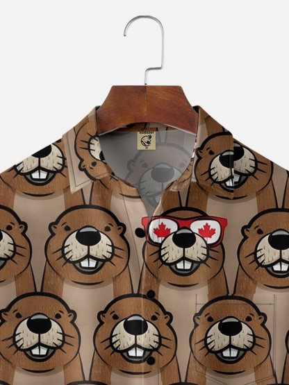Moisture-wicking Canada Day Animal Maple Leaf Chest Pocket Hawaiian Shirt