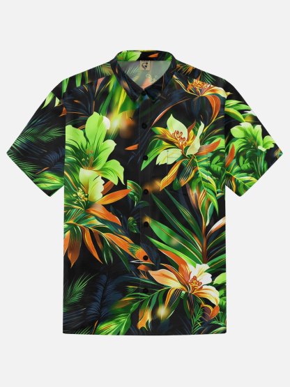 Moisture-wicking Tropical Palm Tree Chest Pocket Hawaiian Shirt