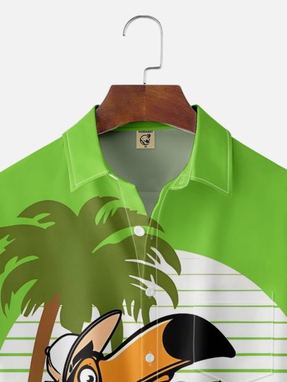 Moisture-wicking Breathable Palm Tree Toucan Parrot Chest Pocket Hawaiian Shirt