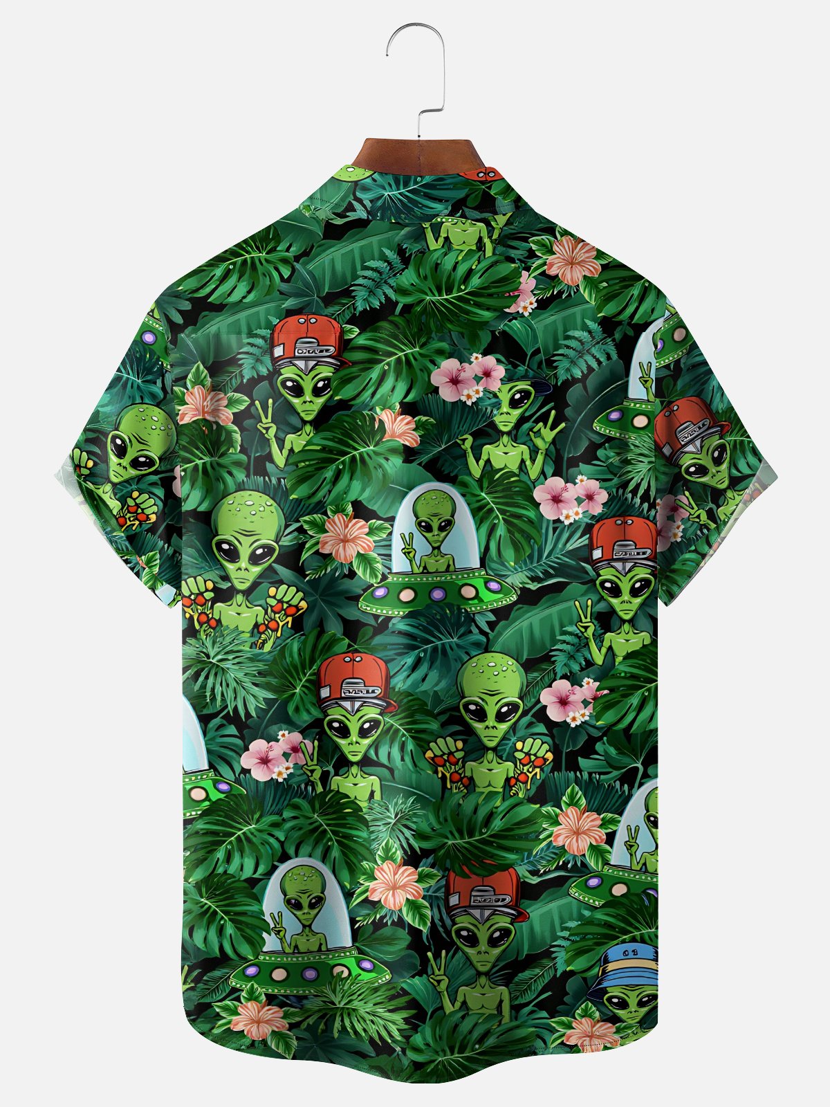 Moisture Wicking Leaf Floral and Alien Chest Pocket Holiday Hawaiian Shirt