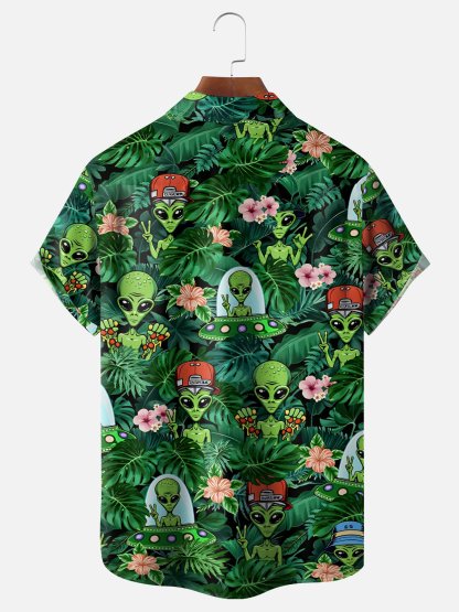 Moisture Wicking Leaf Floral and Alien Chest Pocket Holiday Hawaiian Shirt