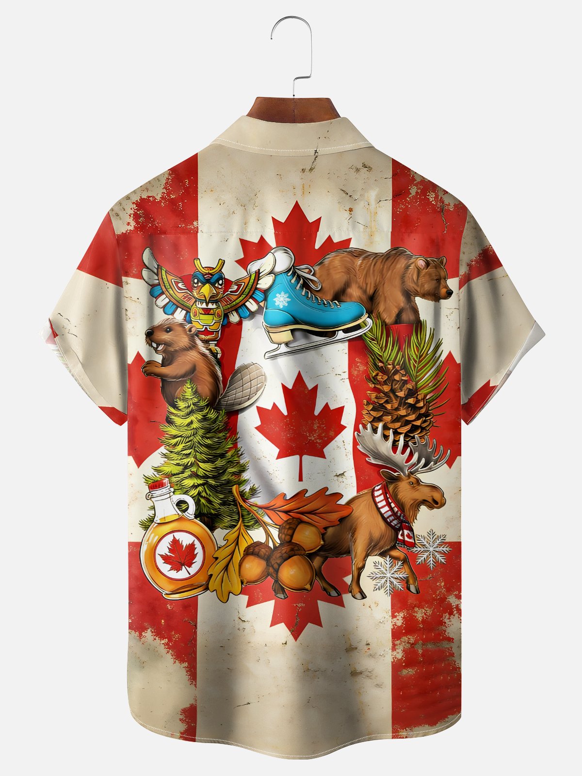 Moisture-Wicking Canadian Heritage Maple Leaf Flag Beaver Moose Pattern Chest Pocket Hawaiian Shirt
