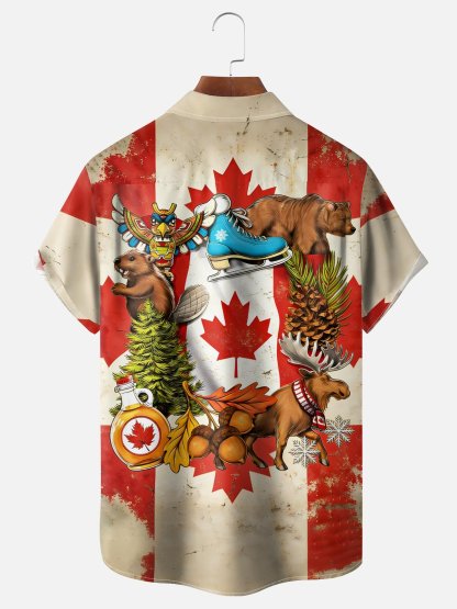 Moisture-Wicking Canadian Heritage Maple Leaf Flag Beaver Moose Pattern Chest Pocket Hawaiian Shirt