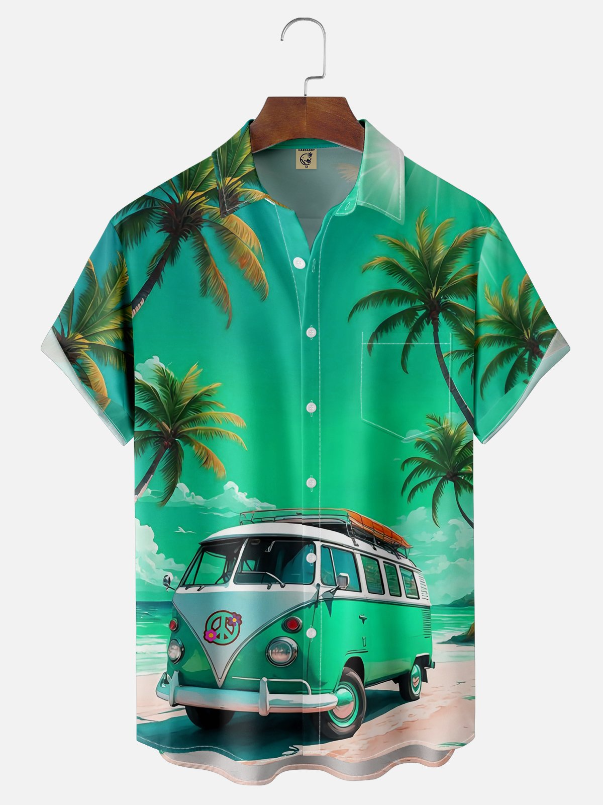 Moisture-wicking Vintage Car Palm Tree Chest Pocket Hawaiian Shirt