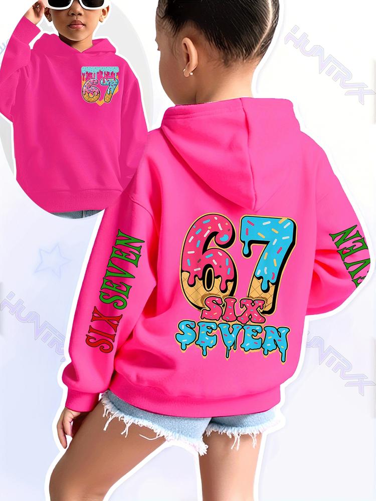 Girls' Fun Number Print Hoodie, Casual Fitted Sweatshirt, Multicolor Ice Cream Design, Fall & Winter Elastic Fabric, Christmas Gift