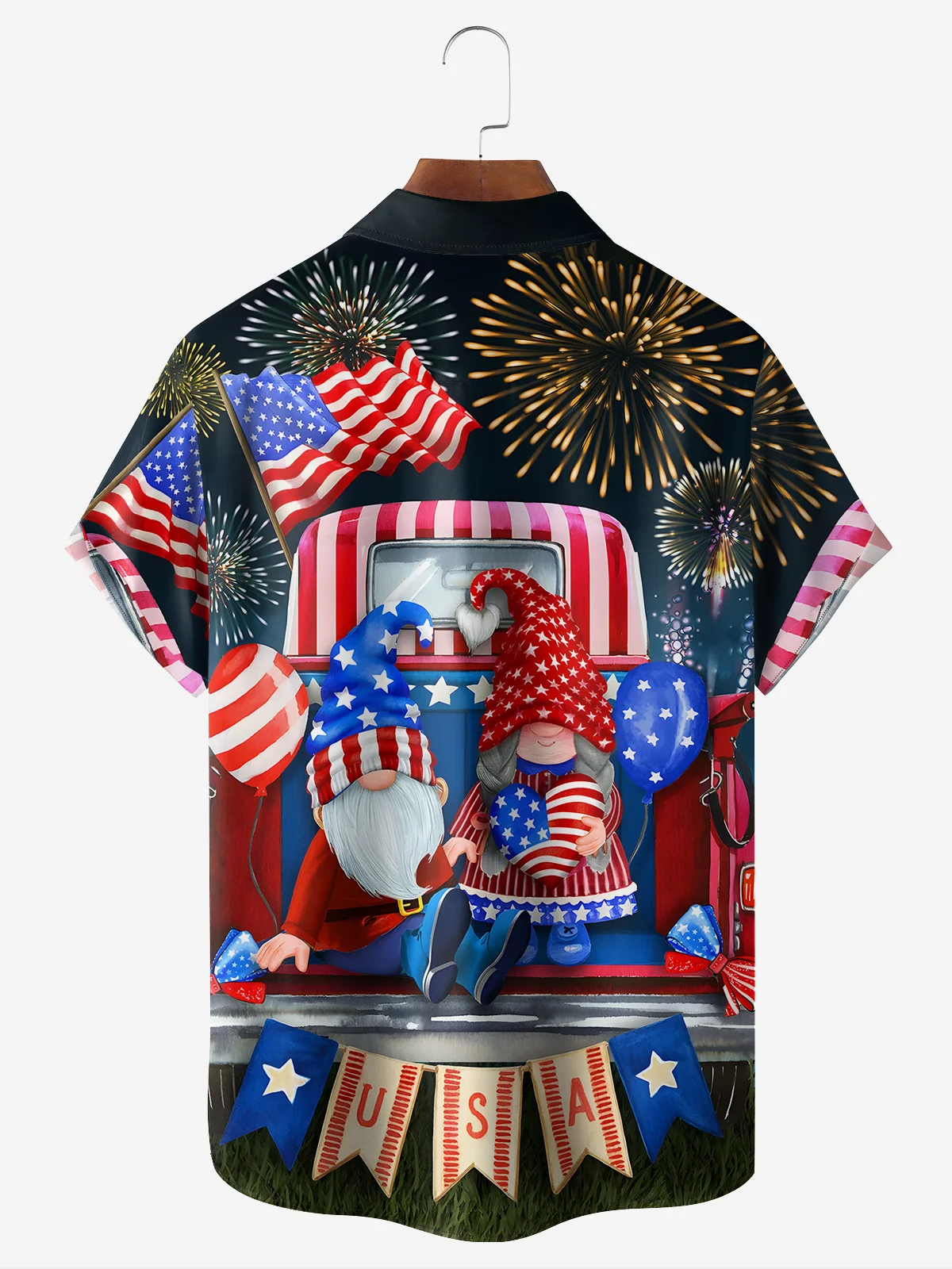 Moisture-wicking American Flag Gnome Chest Pocket Hawaiian Shirt