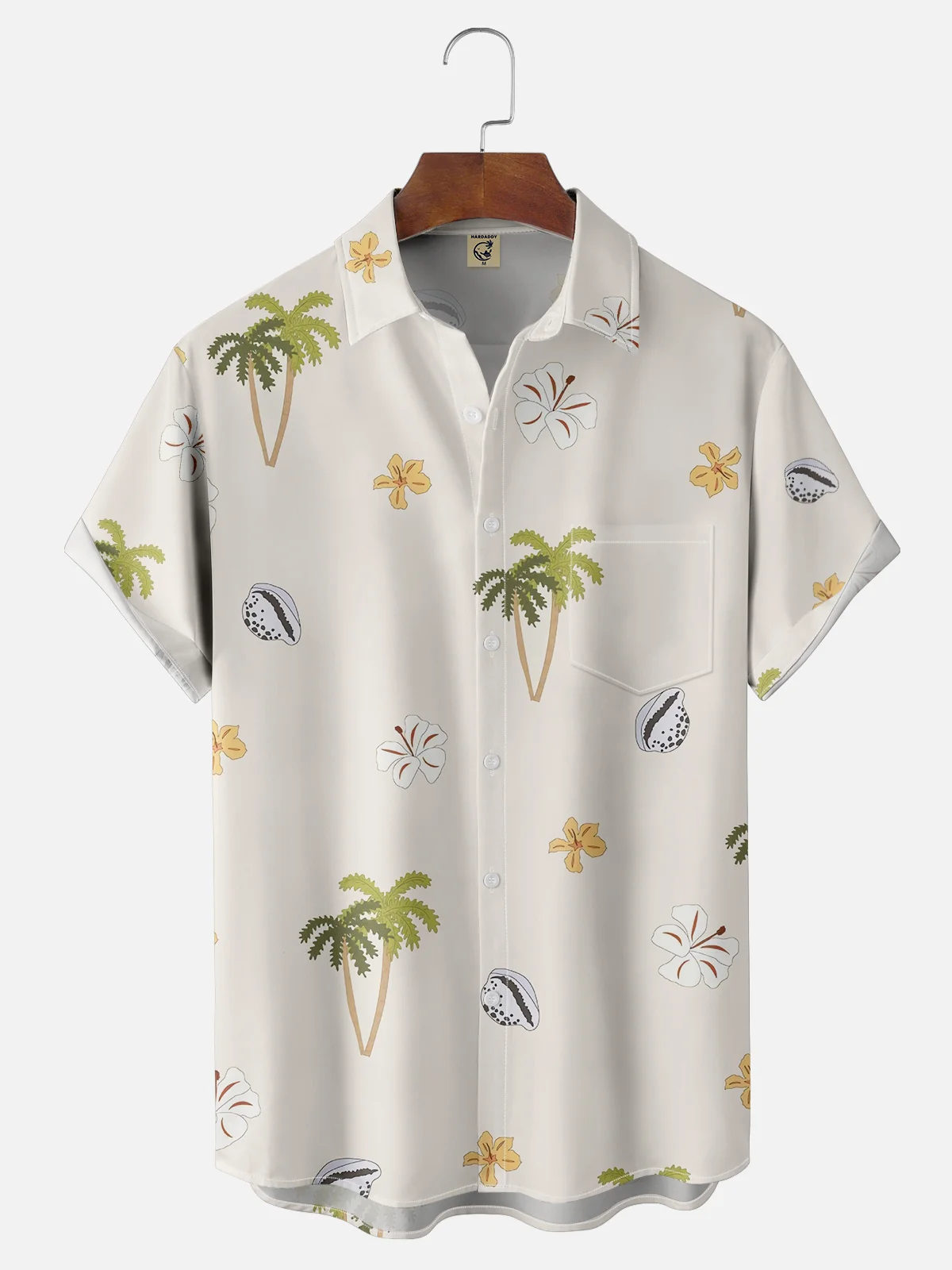 Moisture-wicking Palm Tree Floral Shell Chest Pocket Hawaiian Shirt