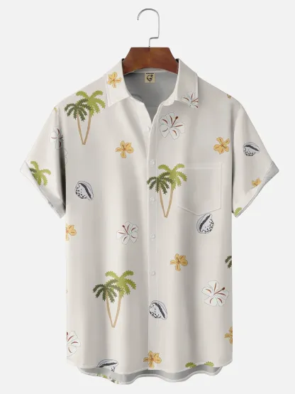 Moisture-wicking Palm Tree Floral Shell Chest Pocket Hawaiian Shirt