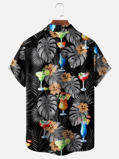 Moisture Wicking Tropical Botanical Cocktail Chest Pocket Holiday Hawaiian Shirt