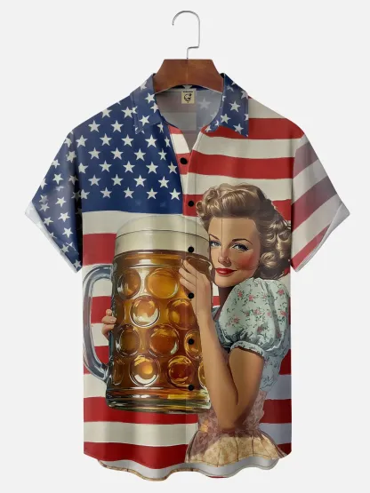 Moisture Wicking Gradient American Flag Retro Beauty Beer Festival Chest Pocket Hawaiian Shirt