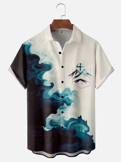 Moisture-wicking Easter Gradient Color Cross Chest Pocket Casual Shirt