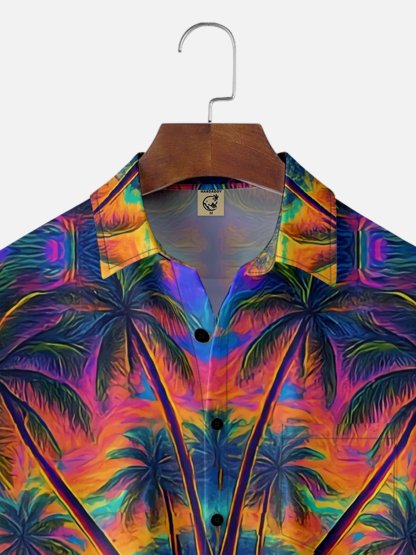 x Synthetic Waveforms Moisture Wicking Artistic Ombre Coconut Tree Beach Chest Pocket Hawaiian Shirt