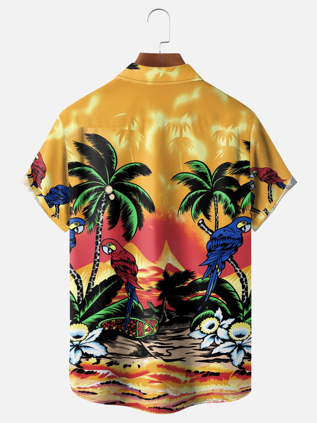 Moisture Wicking Tropical Plants Flowers Coconut Trees and Parrots Chest Pocket Holiday Hawaiian Shirt