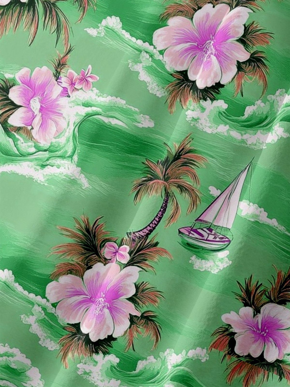 Moisture-wicking Palm Tree Hibiscus Flower Sailing Boat Chest Pocket Hawaiian Shirt