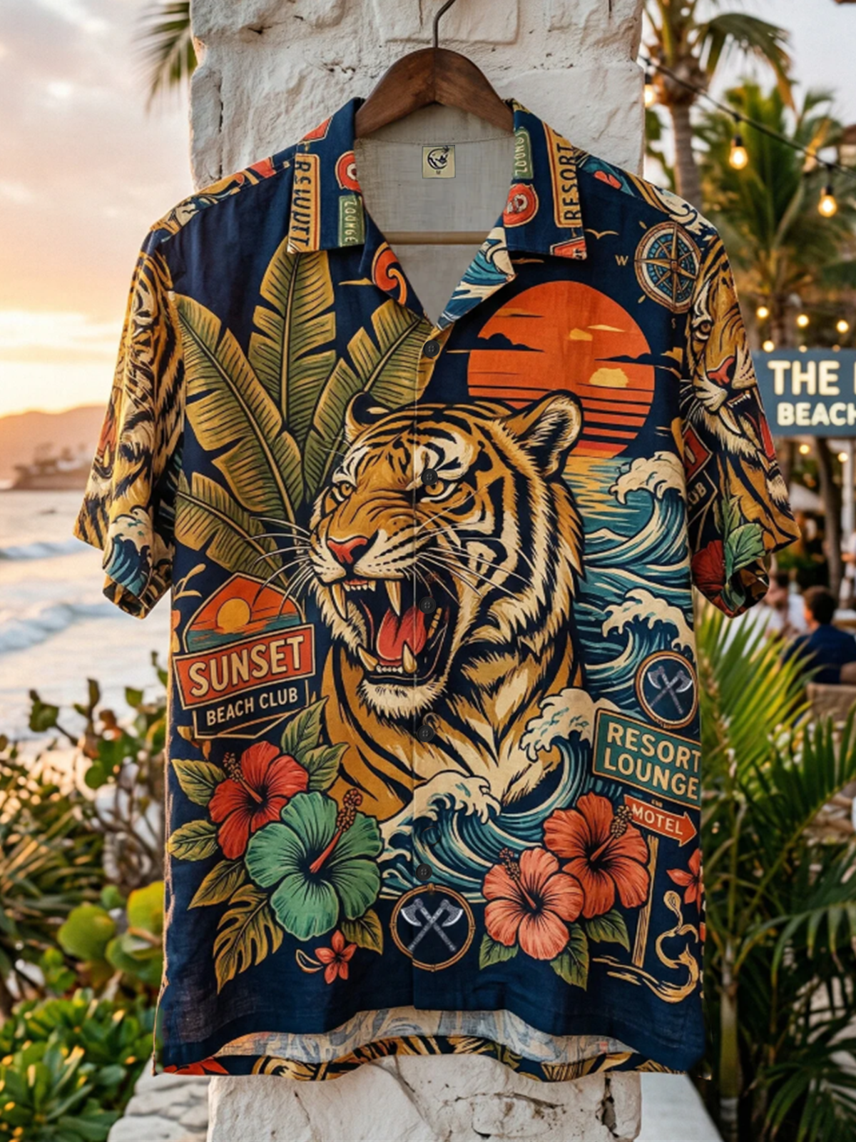 Moisture Wicking Leaves Flowers Waves Tiger Chest Pocke Holiday Hawaiian Shirt