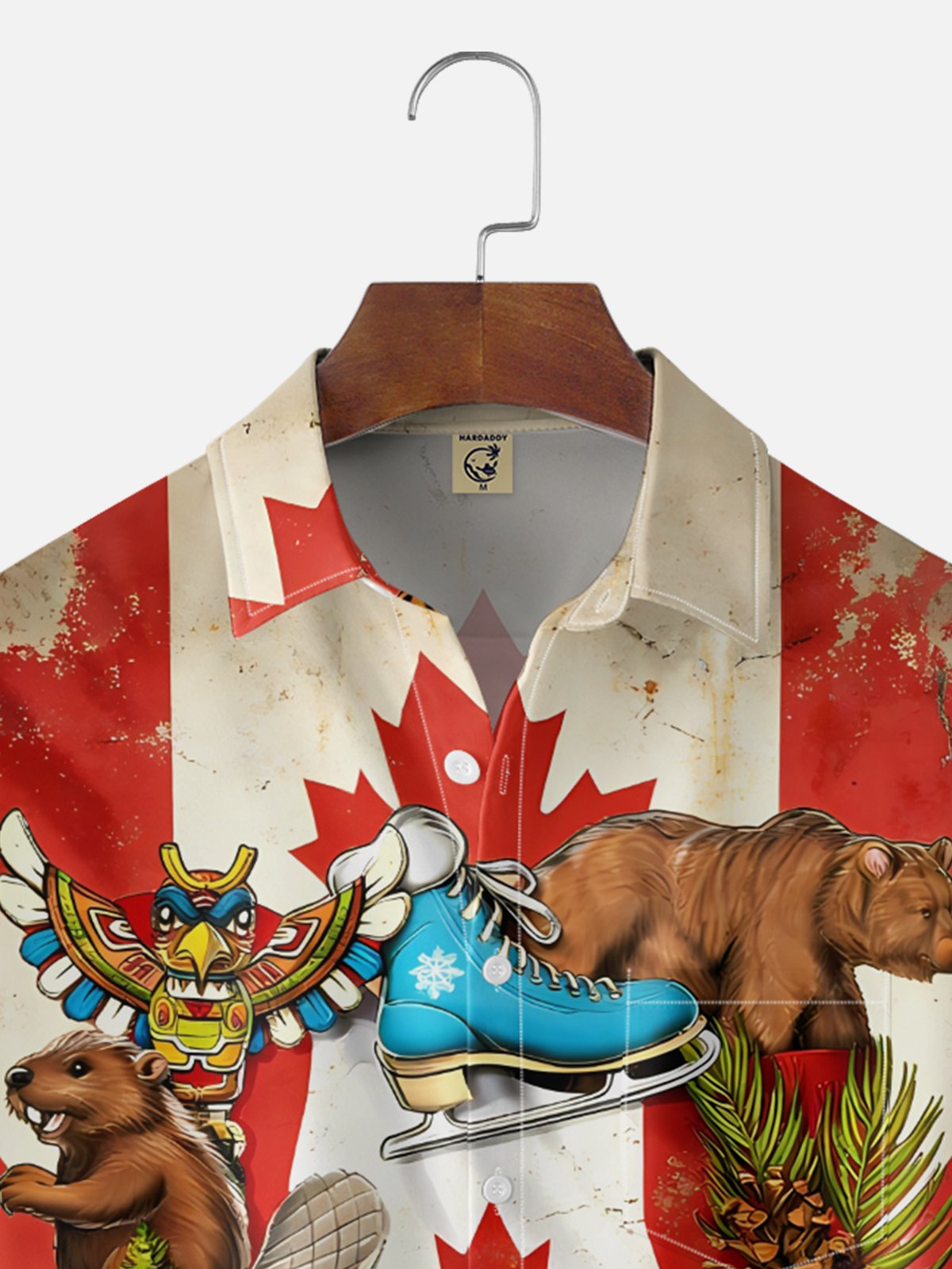 Moisture-Wicking Canadian Heritage Maple Leaf Flag Beaver Moose Pattern Chest Pocket Hawaiian Shirt