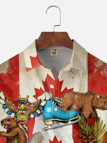 Moisture-Wicking Canadian Heritage Maple Leaf Flag Beaver Moose Pattern Chest Pocket Hawaiian Shirt