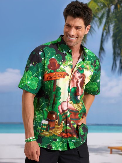 Hawaiian Button Up Shirt for Men Green St. Patrick's Day Lucky Clover Gold Coins Beauty Regular Fit Short Sleeve Shirt St Paddy's Day Shirt