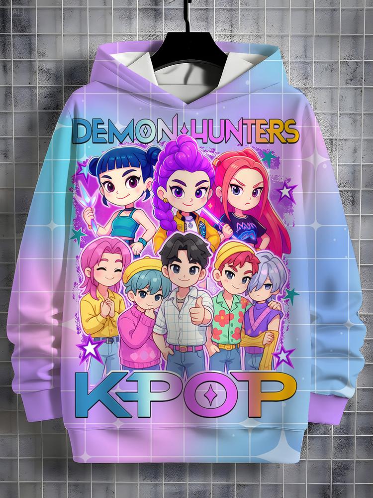 Girls' K-Pop Demon Hunters Korean Fashion Hoodie, Spring & Fall Comfortable Sweatshirt, Graphic Casual Hoodie, Random Print Design, Durable Outdoor Activity Wear