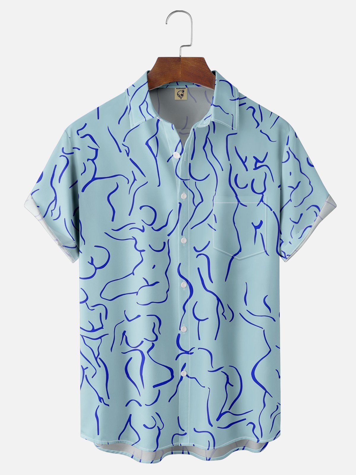 Moisture-wicking Art Blue Abstract Line Drawing Chest Pocket Hawaiian Titty Shirt