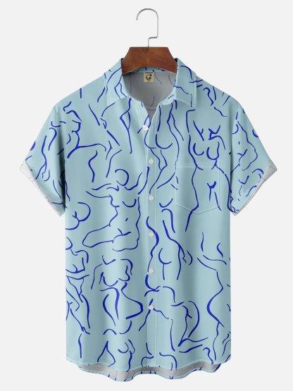Moisture-wicking Art Blue Abstract Line Drawing Chest Pocket Hawaiian Titty Shirt