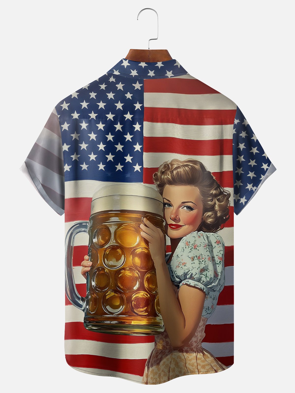 Moisture Wicking Gradient American Flag Retro Beauty Beer Festival Chest Pocket Hawaiian Shirt