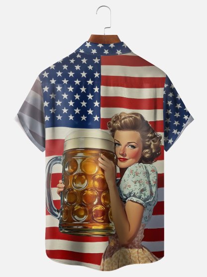 Moisture Wicking Gradient American Flag Retro Beauty Beer Festival Chest Pocket Hawaiian Shirt