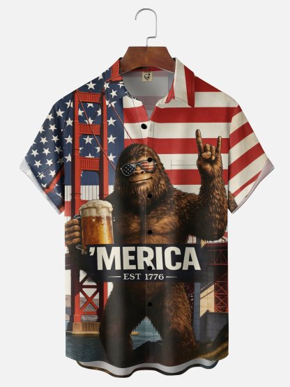 Moisture-Wicking 250th Anniversary of U.S Independence Commemorative Edition Beer Bigfoot Chest Pocket Festive Hawaiian Shirt