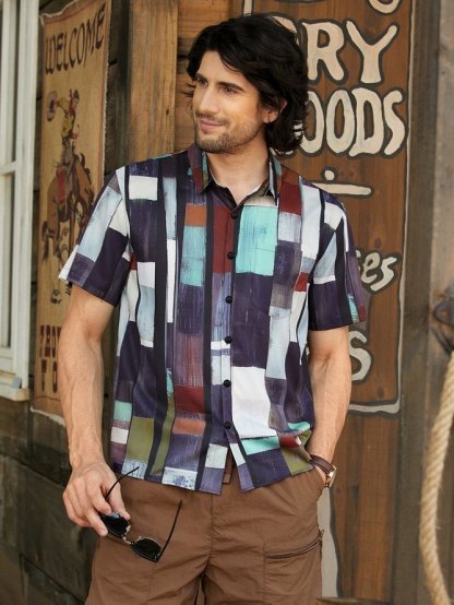 Hawaiian Retro Geometric Abstract Elements Men's Casual Short-sleeved Shirt