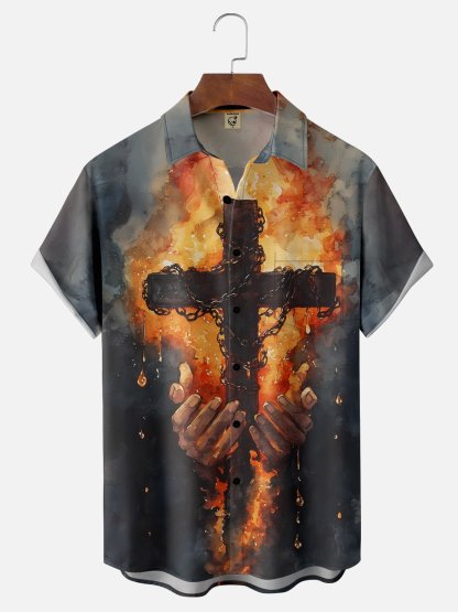 Moisture-wicking Easter Christian Cross Chest Pocket Casual Shirt