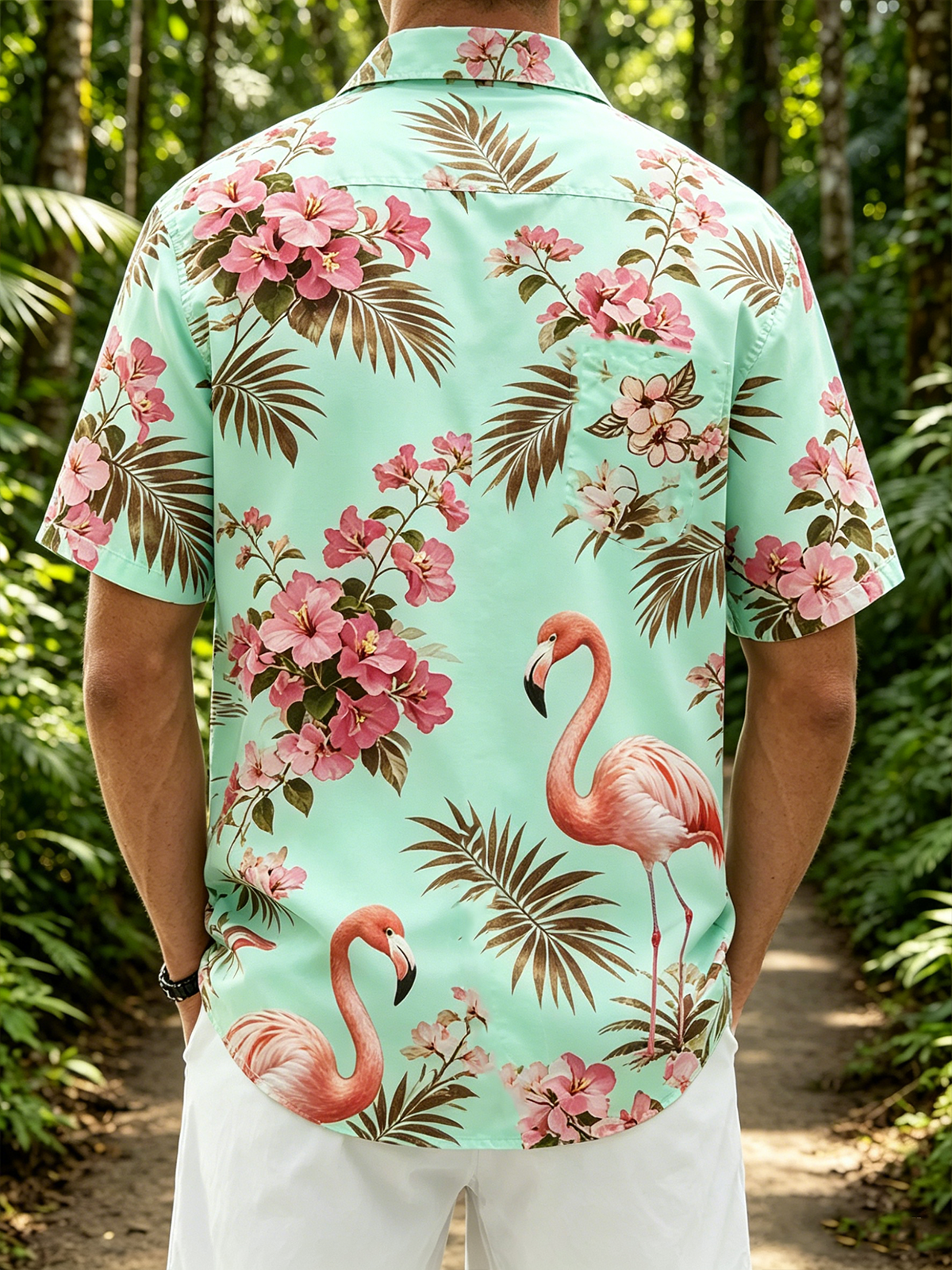 Linen Texture  Botanical Floral Flamingo Print with Chest Pocket Holiday Hawaiian Shirt