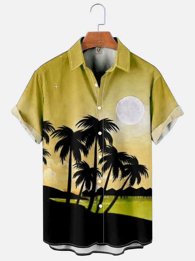 Tall Size Moisture-wicking Palm Tree Chest Pocket Hawaiian Shirt