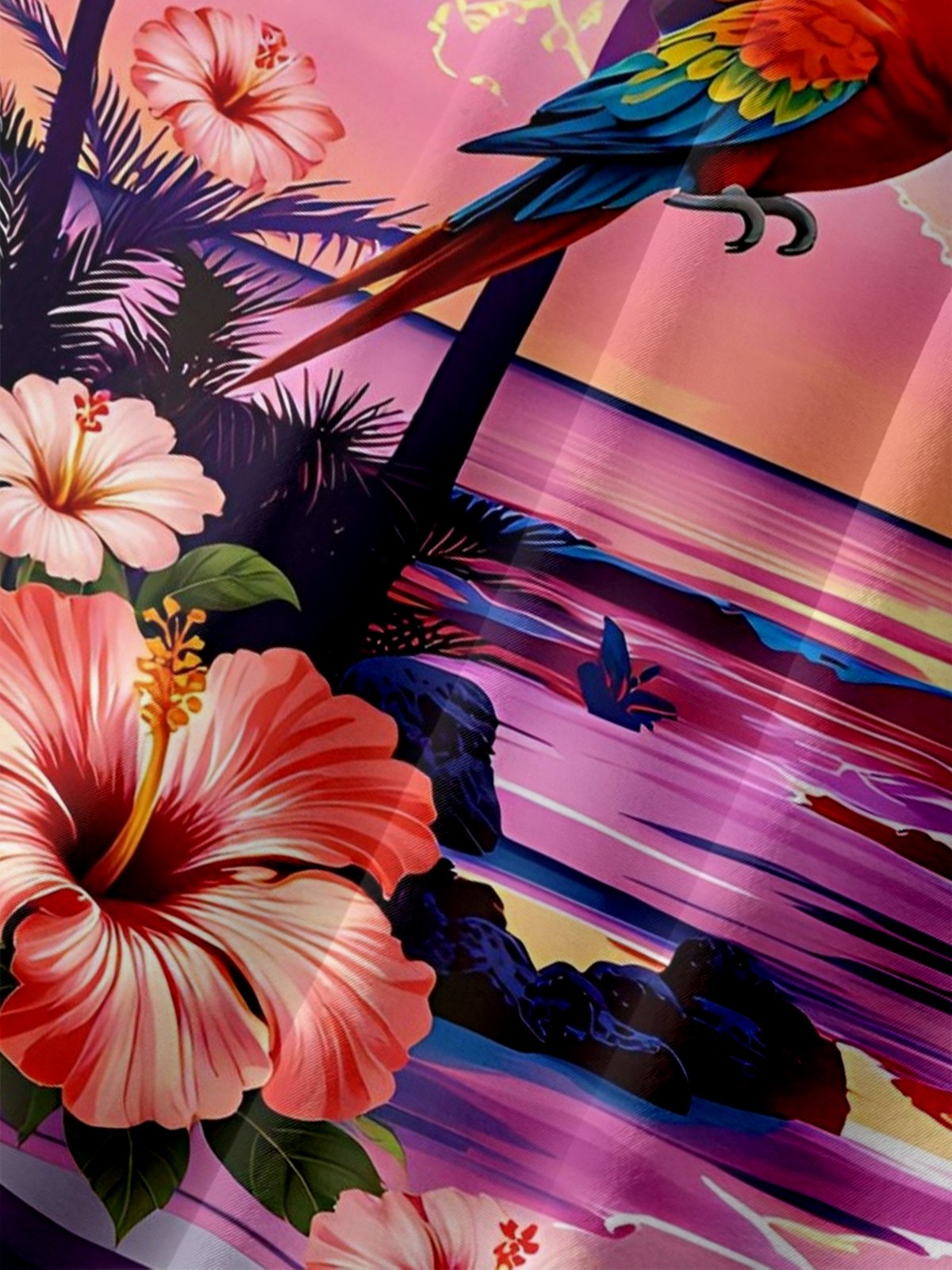 Moisture-Wicking Gradient Coconut Tree Hibiscus Parrot Chest Pocket Hawaiian Shirt