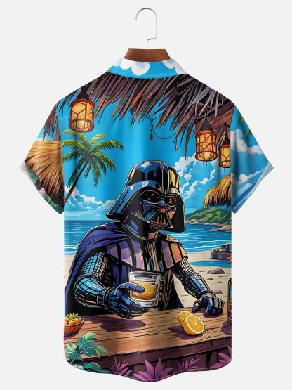 Moisture-wicking Star Beach Coconut Tree Chest Pocket Hawaiian Shirt