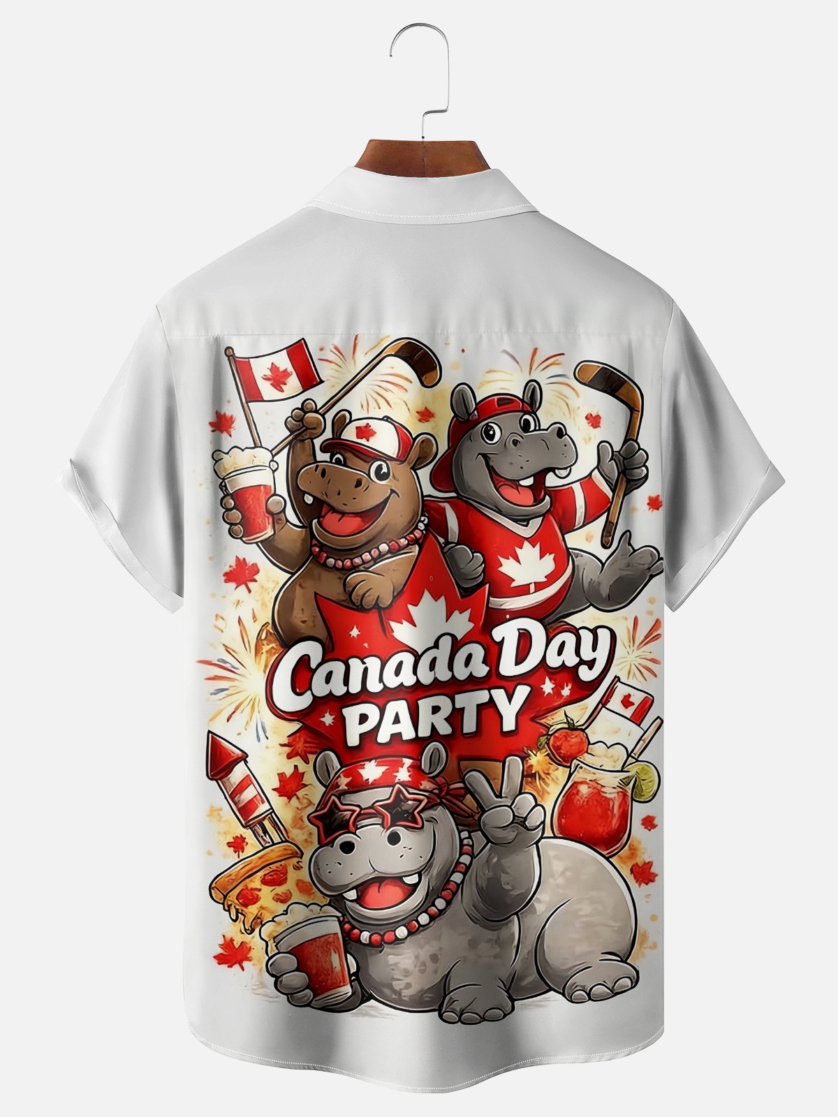 Moisture Wicking Canada Day Maple Leaf Flag Hippo Hockey Chest Pocke Holiday Hawaiian Shirt