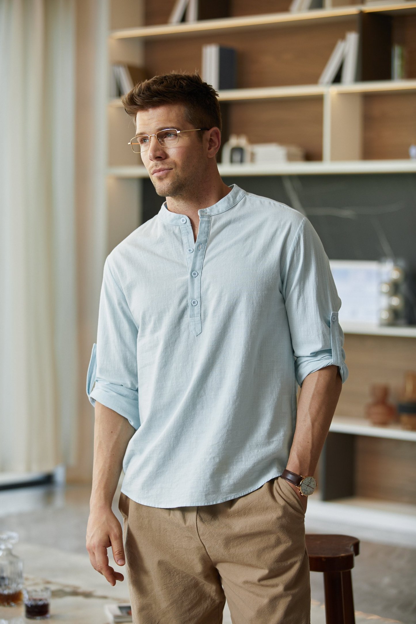 Cotton Linen Plain Color Casual Light Blue Regular Fit Long Sleeve Shirt Hawaiian Shirts For Men