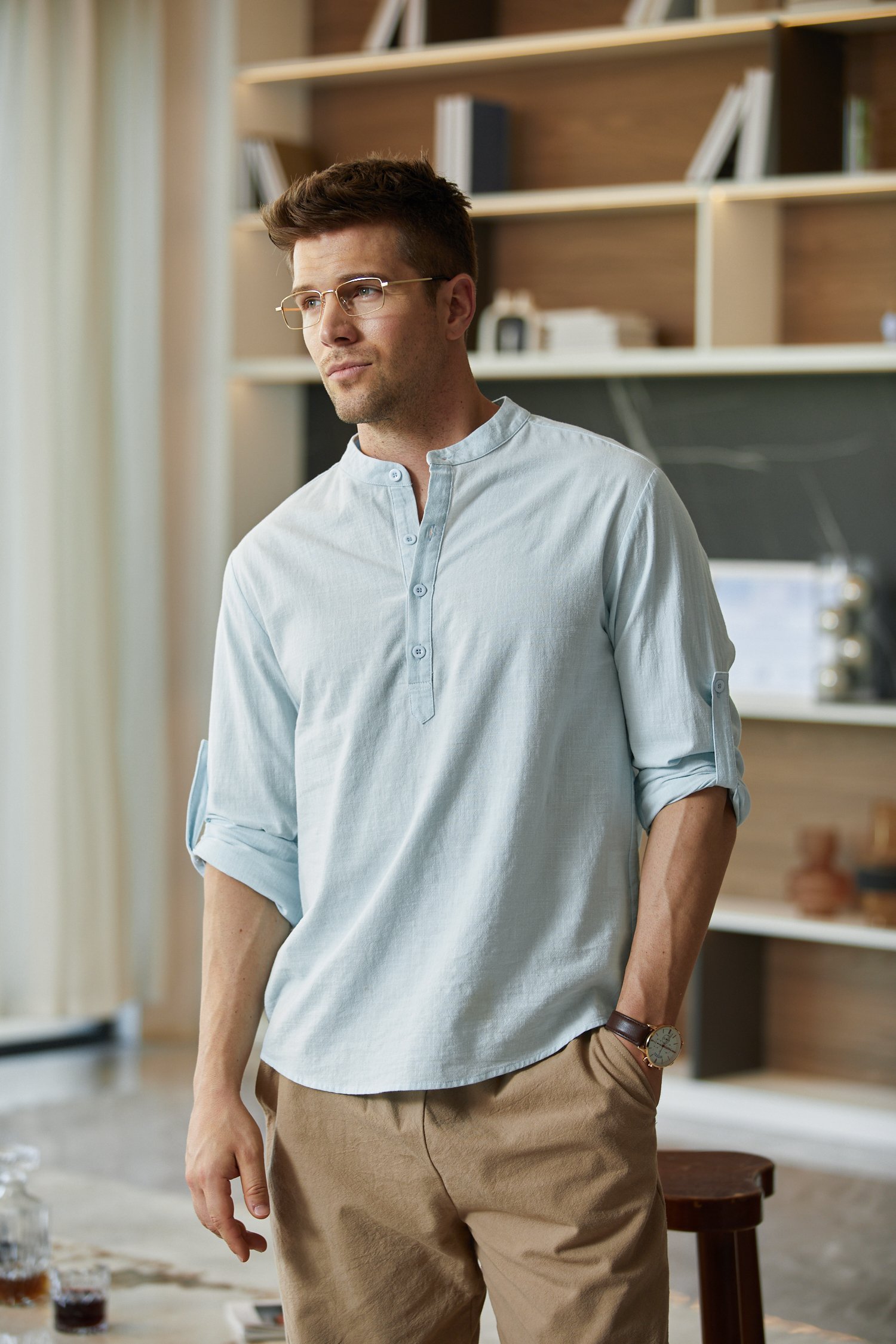 Cotton Linen Plain Color Casual Light Blue Regular Fit Long Sleeve Shirt Hawaiian Shirts For Men