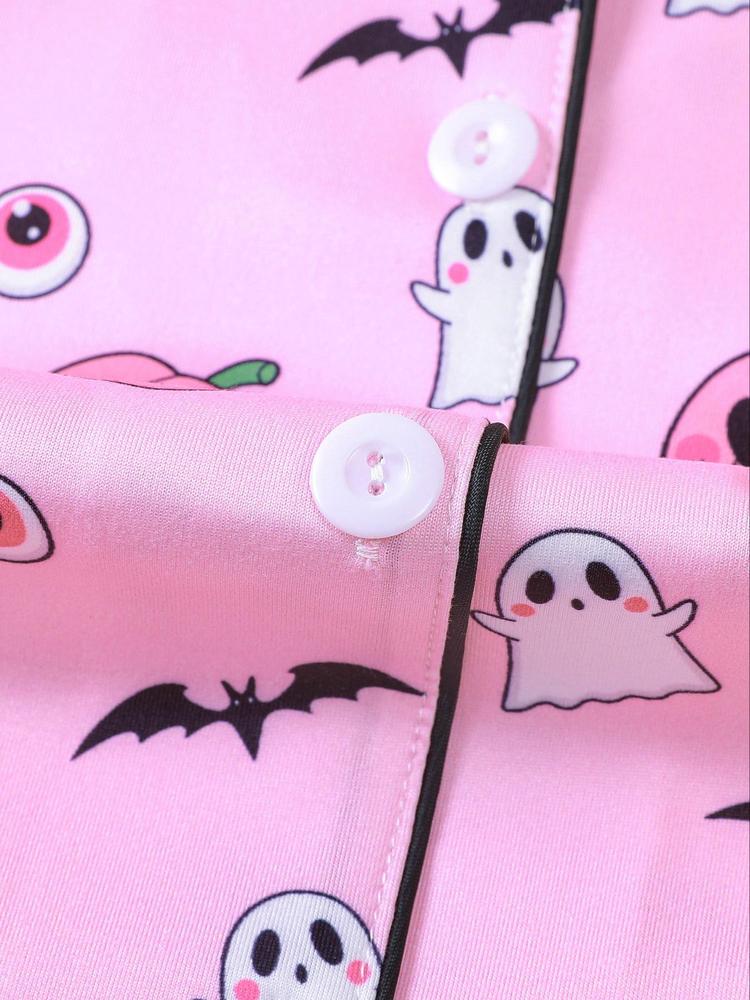 【Halloween】Women's Halloween Pajama Set, Cute Pumpkin Ghost Print, Short Sleeve Lapel Shirt & Elastic Shorts, Casual All-Season Sleepwear