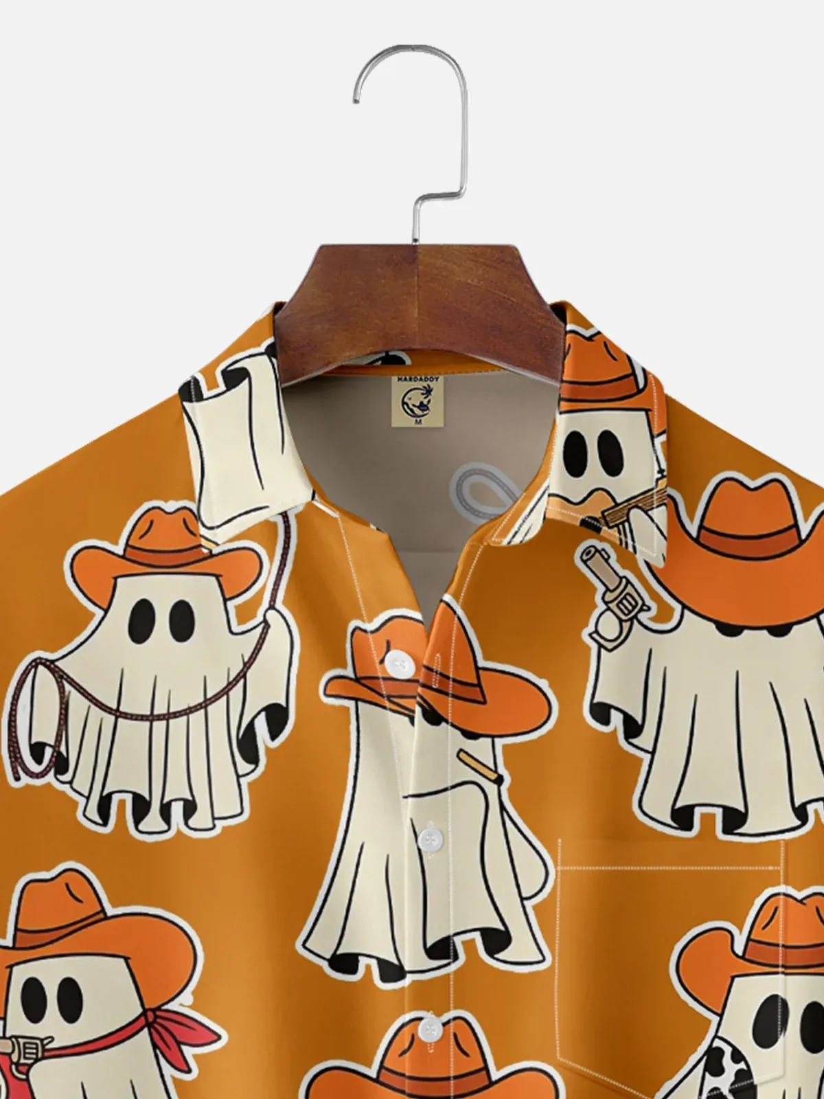 Moisture-Wicking Halloween Cowboy Ghost Guitar Cow Print Chest Pocket Hawaiian Shirt