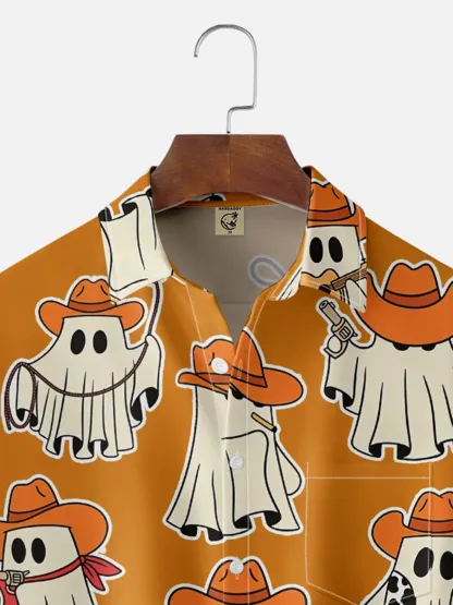 Moisture-Wicking Halloween Cowboy Ghost Guitar Cow Print Chest Pocket Hawaiian Shirt